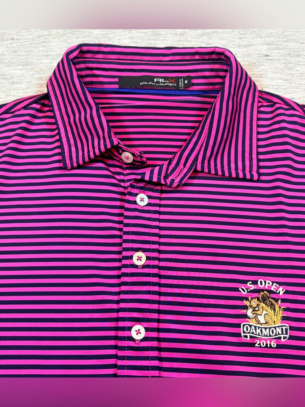 Ralph Lauren RLX Mens Pink Navy Striped Polo U.S. Open Oakmont 2016 Size Med